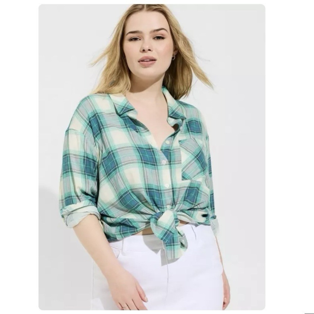 Torrid Teal‎ Plaid Drop Shoulder Button-Front Shirt Size 3X